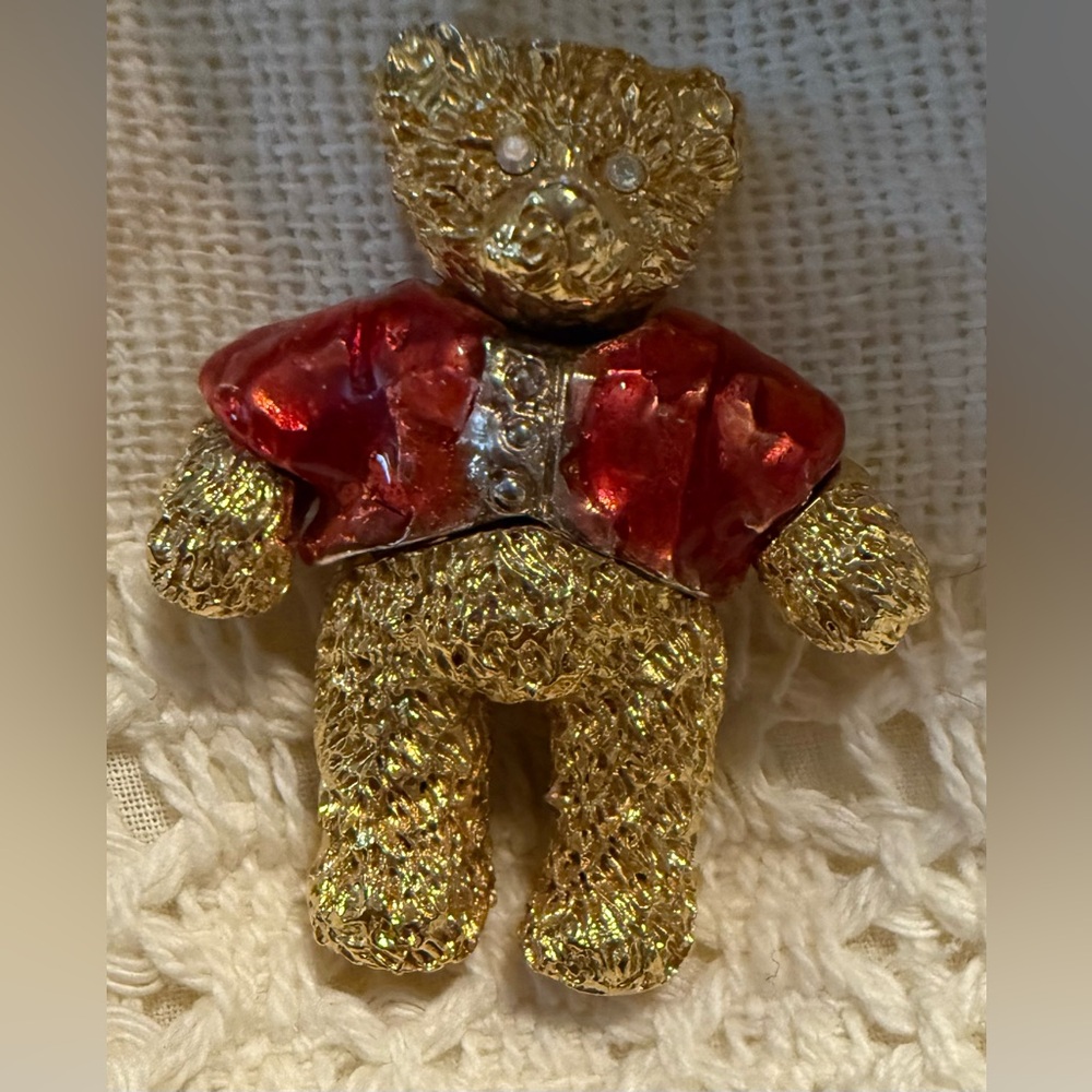 Gold and Red Teddy Bear Brooch - Picture 1 of 2